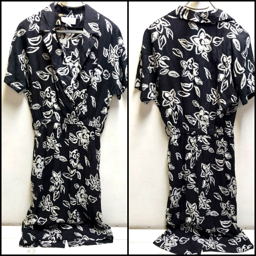 TOGETHER! vintage 90s womens size 10  black/white floral shoulder pad dress